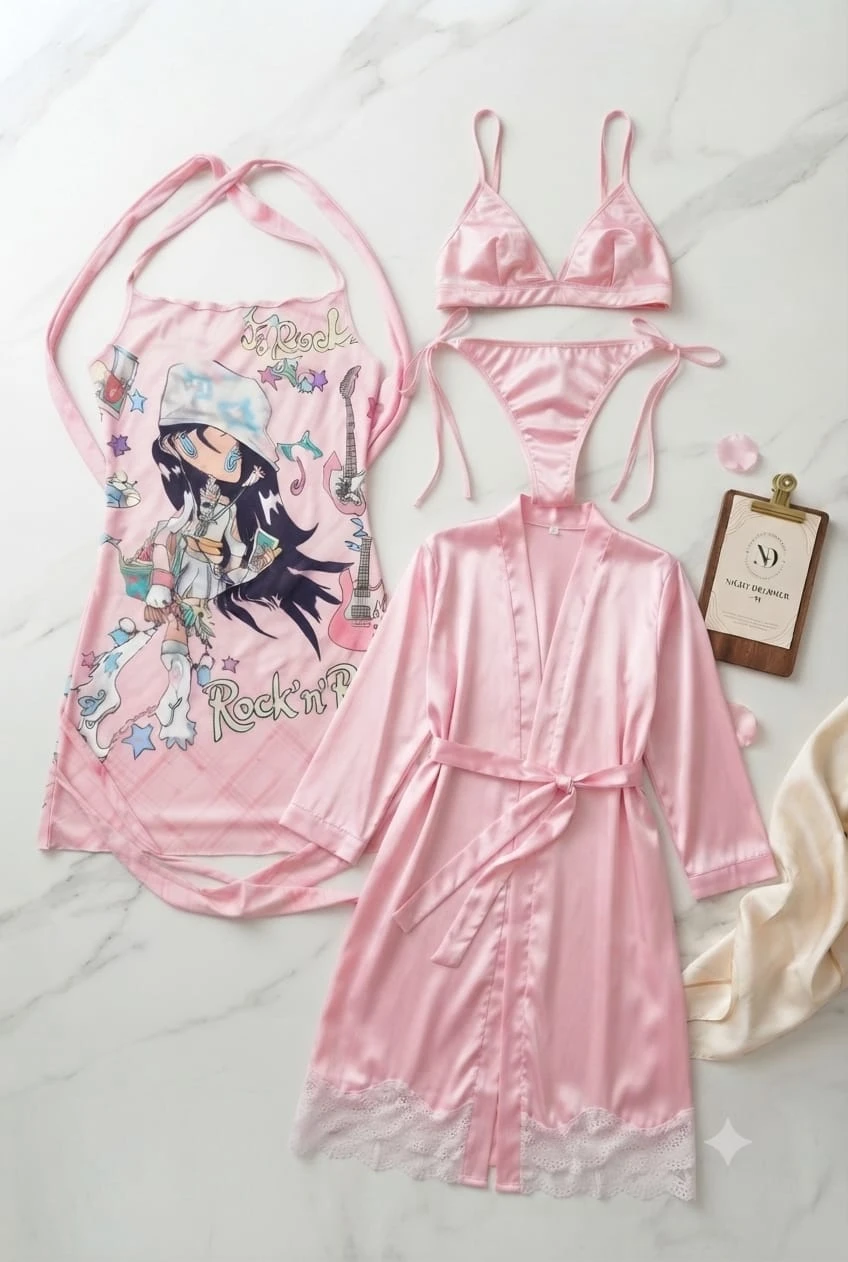 Nighty dress / pink Y2K-style halter mini dress featuring a playful anime graphic print and cross-strap back details